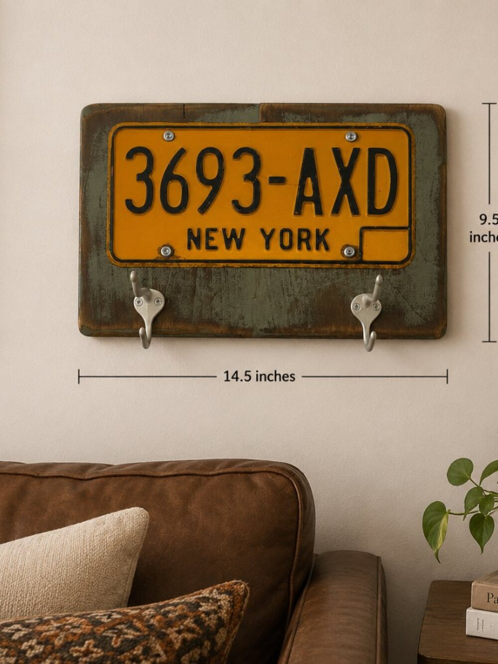 New York State license plate on wood key hook holder for entry way